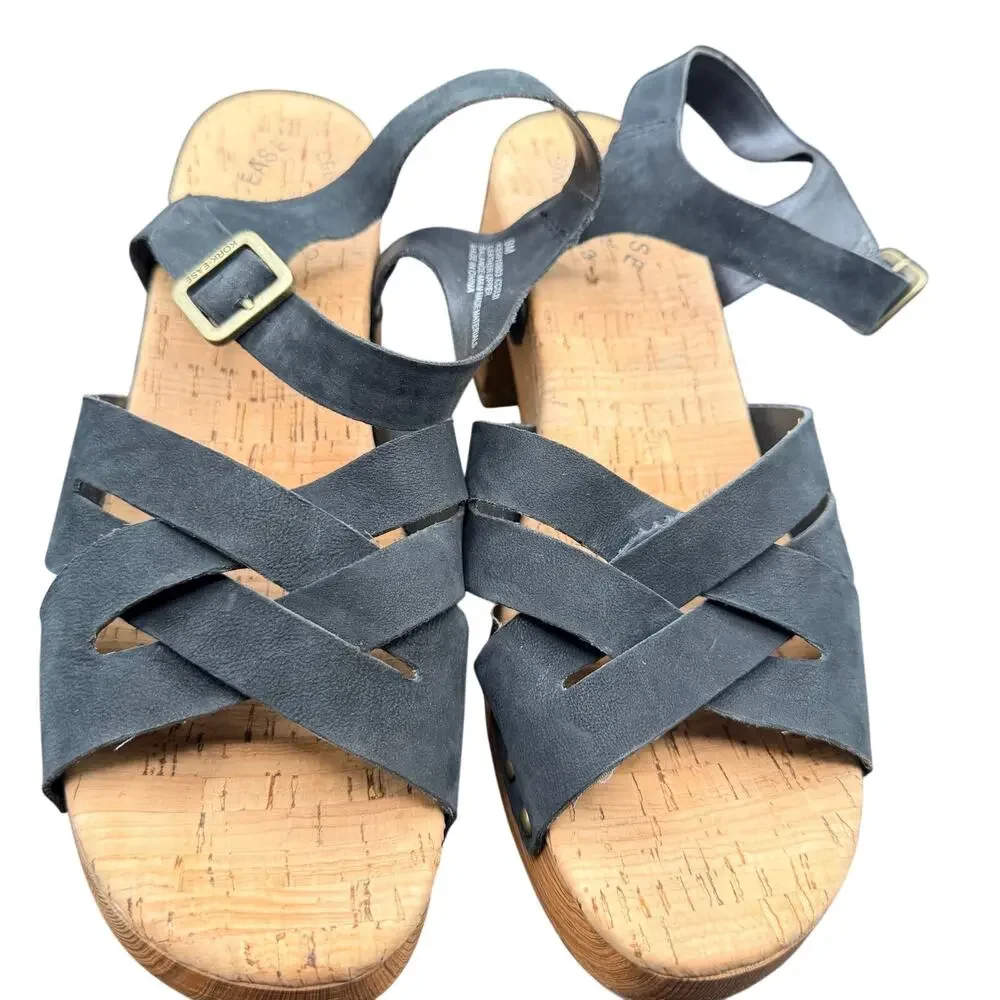 Kork-Ease Black Leather Platform Heeled Sandals Size 9M